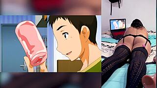 Look at this, reacting to hot hentai blowjobs with cum all over throat and big tits!