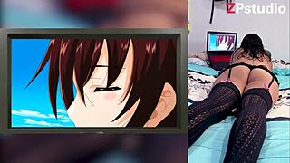 Look at this, reacting to hot hentai blowjobs with cum all over throat and big tits!