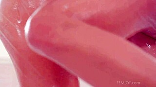 Hot blonde and Czech lesbian lovers tease and bathe in steamy shower play.