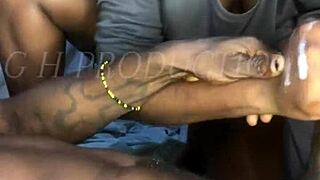 Sloppy handjob leaves everything cum covered