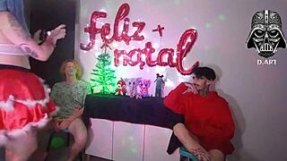 naughty mrs. claus dominates cuck with two hung brazilian studs