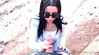 She Reveals Her Glasses-Clad Face In Deep Blowjob Amid Beautiful Canyon Outdoors