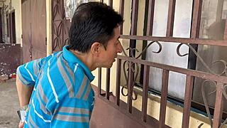 Big ass neighbor gets stuck, old man helps out