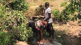 Quick bang by the riverside with monster cock