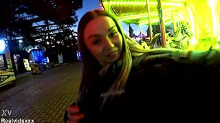 Blowjob at amusement park before quick standing action at home