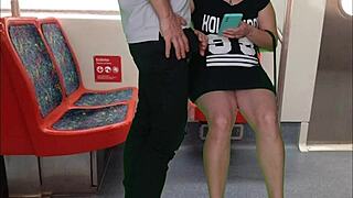 A girl without panties on the train gave a handjob to a stranger. Public blowjob shocked everyone!