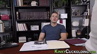 Cuckolder lets dork cum in wild office interracial domination scene