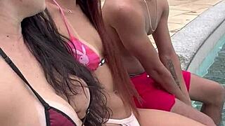Brunette and Redhead Sluts Tease Hot Boy by Pool