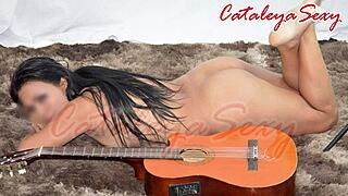 model strips naked with a guitar, posing sensually in various outfits.