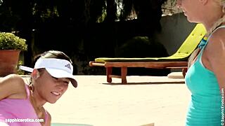 Devin and Iris sweat through a workout before indulging in lesbian licks by the pool.