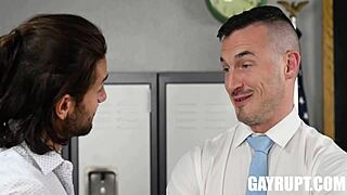 Teacher's assistant Derek Kage bends over petite twink Noah Asli for hardcore action.