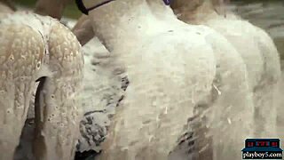 Hot Playboy Babes in Bikinis Washing a Mercedes AMG GT