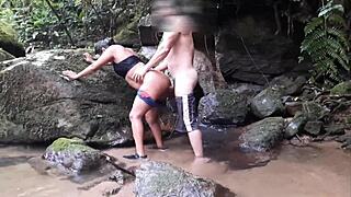 Cachoeira boa turns wild with a tattooed ebony whore giving blowjob and anal