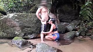 Cachoeira boa turns wild with a tattooed ebony whore giving blowjob and anal