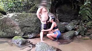 Cachoeira boa turns wild with a tattooed ebony whore giving blowjob and anal