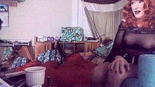 Sexy redhead tranny Ms Head swallows 8-inch vibrating dildo