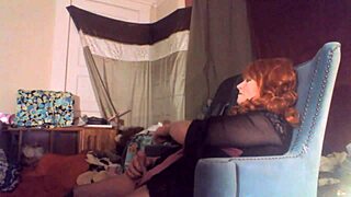 Sexy redhead tranny Ms Head swallows 8-inch vibrating dildo