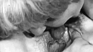 vintage lesbians dive into hairy pussy eating with retro vibes.