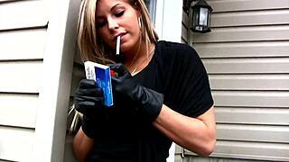 My hot new girlfriend smokes outside, teasing in sexy lingerie.