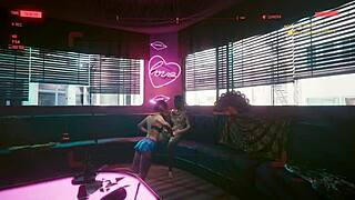 Judy Alvarez lured by Valerie into strip dancing in Night City. Lesbian sex unfolds in Cyberpunk 2077 gameplay.