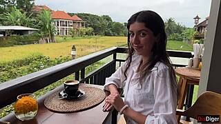 Girl walks with cum on face in busy cafe