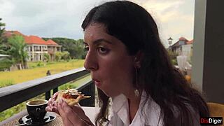 Girl walks with cum on face in busy cafe