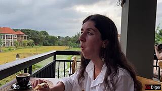 Girl walks with cum on face in busy cafe