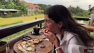 Girl walks with cum on face in cafe