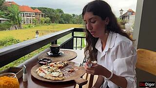 Girl walks with cum on face in busy cafe