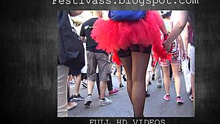 Microskirt and See-Through Thong Flash Big Ass in Public Festival Fantasy