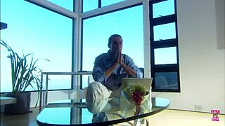 a beautiful brunette with small tits gave a handjob and rode a strong man in doggystyle on a boat