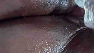 Curvy ebony babe with big ass experiences intense double penetration and squirt load using dildo toys