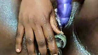 Curvy ebony babe with big ass experiences intense double penetration and squirt load using dildo toys