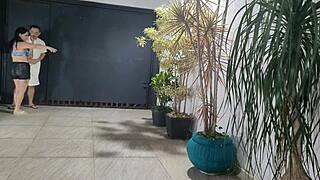 Risky Sex With Brunette Neighbor in Garage While Partner Showers