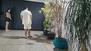 Risky Sex With Brunette Neighbor in Garage While Partner Showers