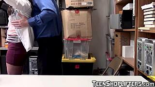 Naughty teen shoplifter bent over for doggystyle punishment by security guard at work