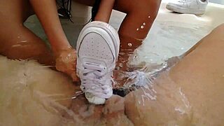 Rough shoejob leads to creampie humiliation