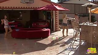 Three Lesbians Fun With Dildo On Couch