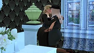 Bella and Milla fuck passionately at Mortimer's funeral service office