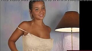 big tits bouncing with excitement in beige dress