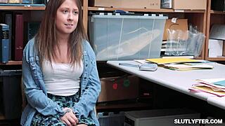 Studs rub Natalie’s hot clit as she grinds on cock in shop setting. Her bra barely holds!