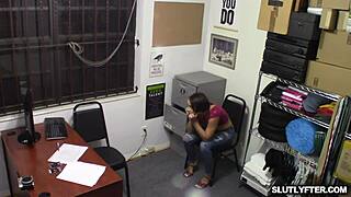 Studs rub Natalie’s hot clit as she grinds on cock in shop setting. Her bra barely holds!