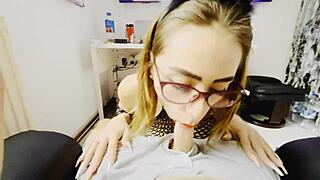 porn teacher gives sloppy blowjob, licks balls, then rough fuck with choking for cum.