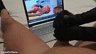 Does this milf jerk off big cock on gloves?