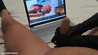 Does this milf jerk off big cock on gloves?