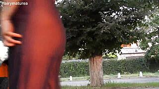Hairy Mature Flashes in See-Through Outfit.