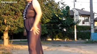Hairy Mature Flashes in See-Through Outfit.