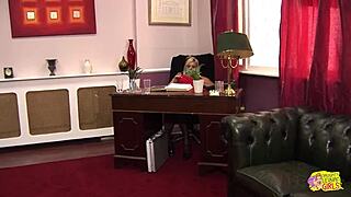 Brunette secretary catches her blonde lesbian boss masturbating and wants to help her out