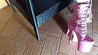 Latina Milf Sits Seductively On Chair In Pantyhose And High Heeled Boots, Teasing Her Ass.