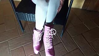 Latina Milf Sits Seductively On Chair In Pantyhose And High Heeled Boots, Teasing Her Ass.